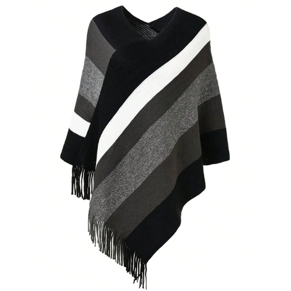🆕 Strip Knit Poncho Wrap Shawl - Picture 1 of 6